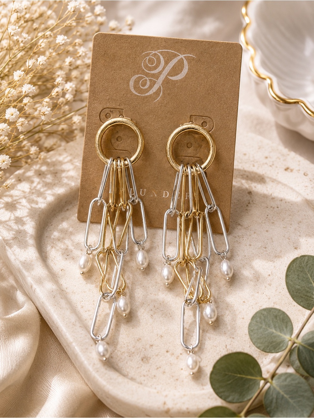 Plunder Two-Tone Gold and Silver Dangle Paperclip Earrings with Pearl Drops
